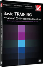 Book cover for Basic Training for Adobe CS4 Production Premium with a colorful vertical stripe.