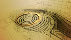 A 3D topographical model overlaid on architectural blueprints and mathematical equations.