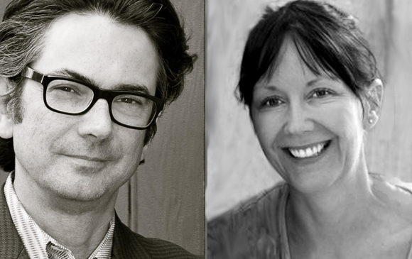 Black and white portraits of a man with glasses and a smiling woman.