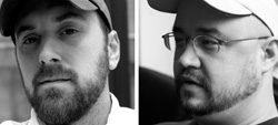Black and white close-up portraits of two men wearing baseball caps.