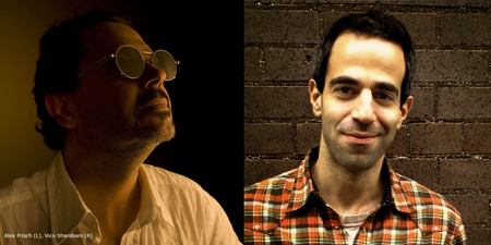 A man in sunglasses looking up on the left and a man in a plaid shirt smiling against a brick wall on the right.
