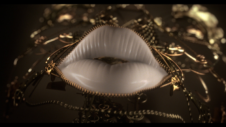 Glossy white lips centered amidst a tangle of gold chains and jewelry against a dark background.