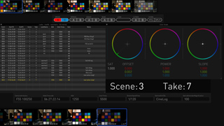 Digital video editing interface showing color wheels, clip lists, and scene information.