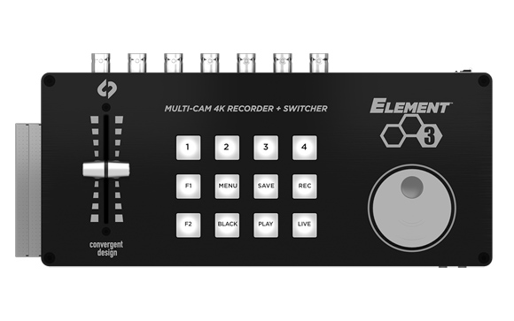 Black Convergent Design Element 3 multi-cam 4K recorder and switcher with buttons and a control knob.