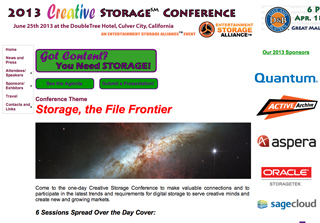Flyer for the 2013 Creative Storage Conference in Culver City, featuring sponsor logos and a space nebula image.