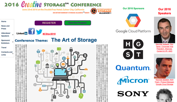 Banner for 2016 Creative Storage Conference featuring theme, sponsors, and speaker headshots.