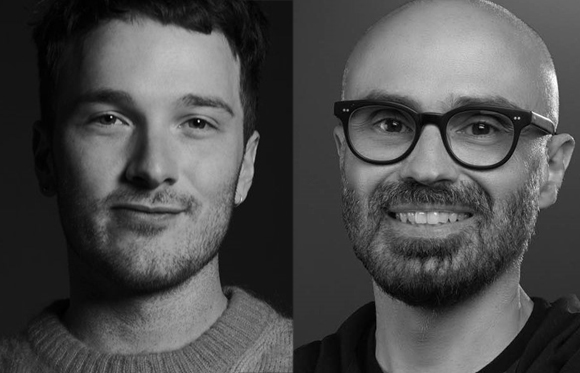 Split black and white portrait of a young man with short hair and a bald man with glasses and a beard.