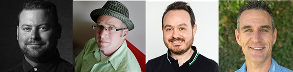 Four separate portrait headshots of men, from left to right: black and white, wearing a hat, smiling, and outdoors.