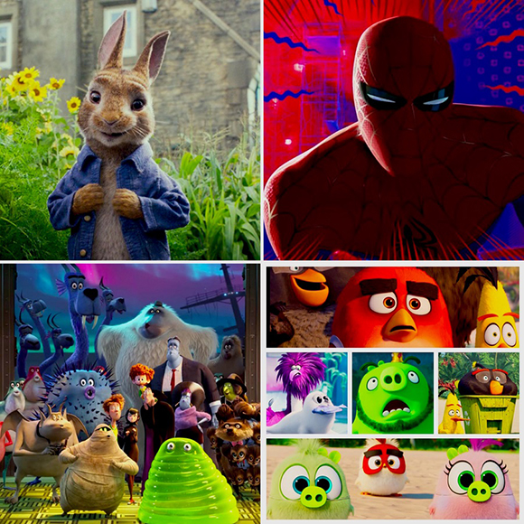 Collage of animated characters including a rabbit in a blue shirt, Spider-Man, and characters from The Angry Birds.