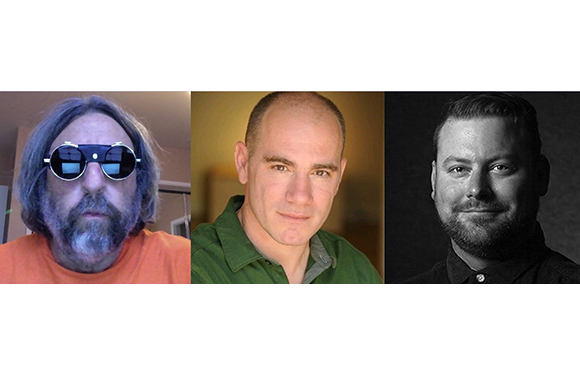Three headshots: a man with sunglasses, a man in a green shirt, and a black and white portrait of a bearded man.