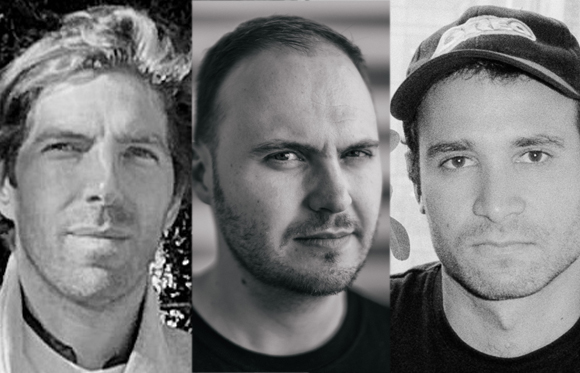 Three black and white close-up portraits of men looking directly at the camera.