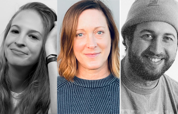 Three portrait headshots: a woman in black and white, a woman in color, and a man in black and white.