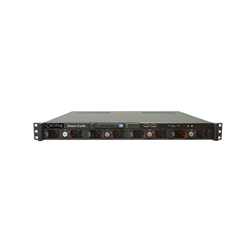 A black rack-mounted power distribution unit with multiple outlets and indicator lights on the front panel.