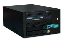 A black rectangular CacheA server with drive bays and a logo on the front.