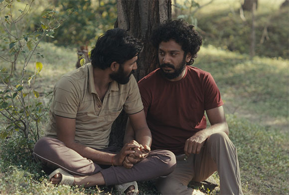 Two men sit on the ground leaning against a tree trunk in a sunlit, grassy outdoor setting.