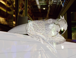 A white wireframe 3D model of a saber-toothed cat resting on a white surface.