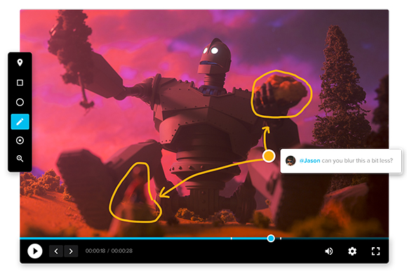 A large robot character in a sunset landscape with yellow annotation circles and a user comment overlay.