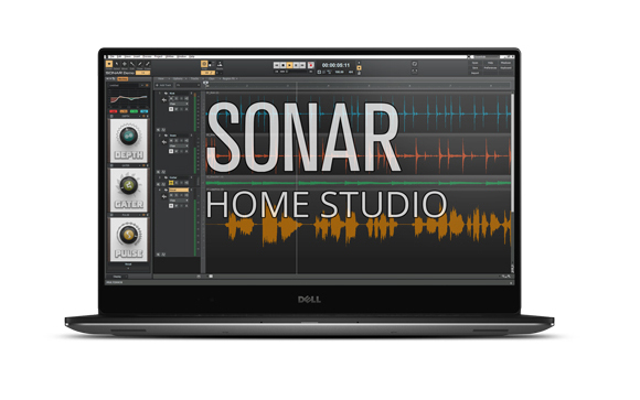 Dell laptop showing a digital audio workstation interface with the text SONAR HOME STUDIO.