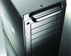 Close-up view of a black server chassis featuring a silver handle and horizontal ventilation slats.