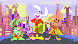 Four colorful cartoon rabbit superheroes posing together in front of a stylized city skyline.