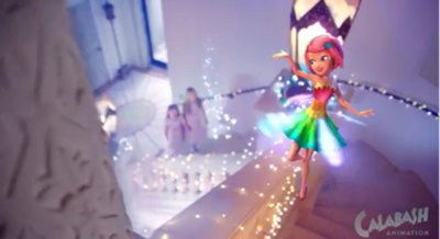 A pink-haired fairy with colorful wings floats in a glowing, magical hallway near two small children.