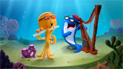 An orange octopus plays a flute while a blue fish plays a harp on the ocean floor.