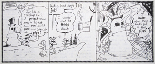 A three-panel black and white comic strip about a snowman and three small creatures talking.