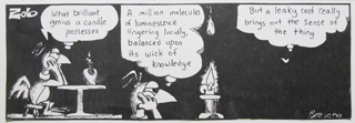A black and white comic strip of a bird looking at a candle and thinking about its brilliance and a leaky roof.