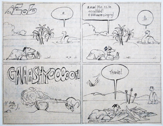 A four-panel comic strip featuring cartoon dinosaurs on a tropical island.