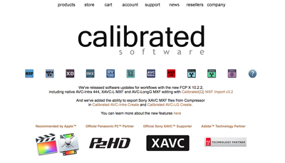 Calibrated Software logo above various video format icons and software update announcements.