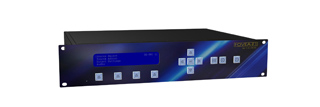 A blue rack-mounted electronic device with a small digital screen and several control buttons.
