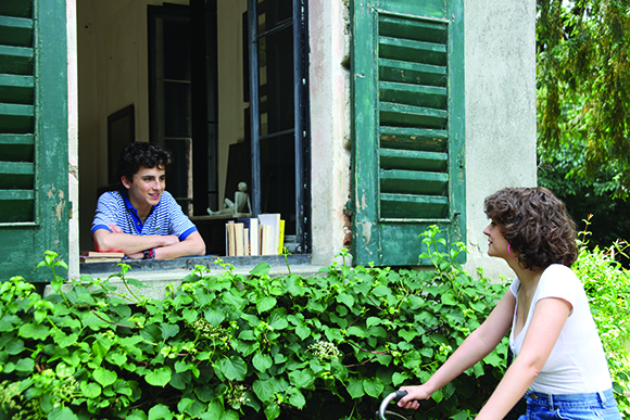 A young man sits in a window ledge looking at a young woman standing in front of green bushes.