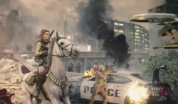 A woman on a white horse rides past a police car amidst smoke and urban destruction.