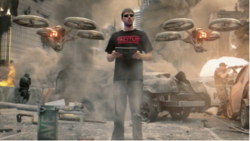 A man in a black t-shirt stands in a war-torn city surrounded by flying drones and smoke.