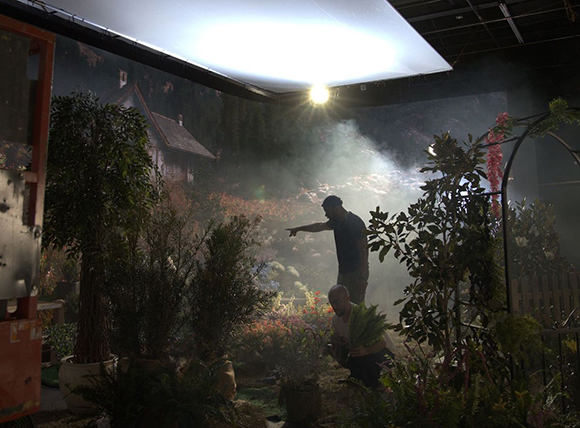 A man points toward a foggy, plant-filled film set under bright studio lighting.
