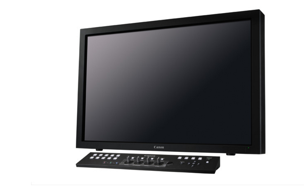 A black Canon professional monitor with a wide screen and a separate control panel base.