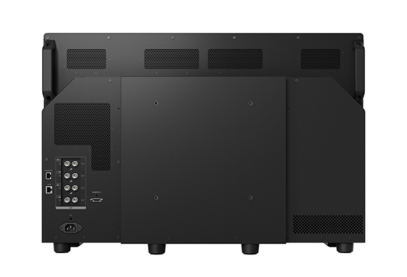 The back panel of a black electronic device showing ventilation grilles and various input ports.
