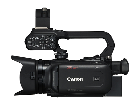 A black Canon XA40 4K professional camcorder shown from a side profile against a white background.
