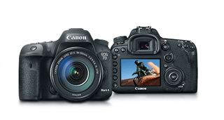Front and rear views of a black Canon EOS 7D Mark II DSLR camera against a white background.