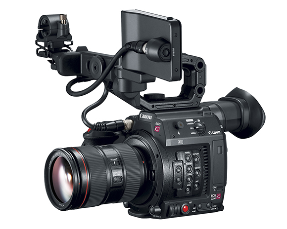 A black Canon EOS C200 cinema camera equipped with a large lens and an external monitor on top.
