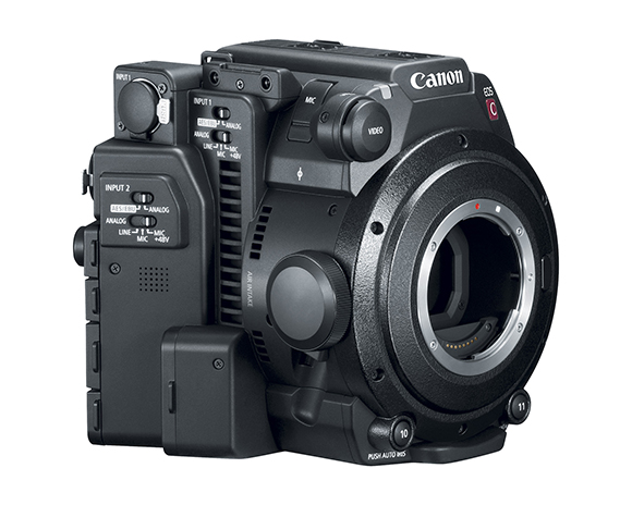 Front view of a black Canon EOS C professional cinema camera with lens mount and various input ports.