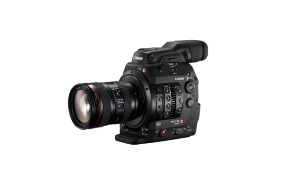 A black Canon EOS C300 Mark II digital cinema camera with a large professional lens attached.