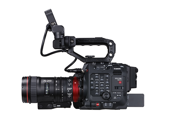 A professional Canon EOS C70 cinema camera with a 70-200mm lens and a top handle rig on a white background.