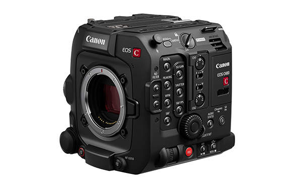 A professional black Canon EOS C400 digital cinema camera shown from a front three-quarter angle.