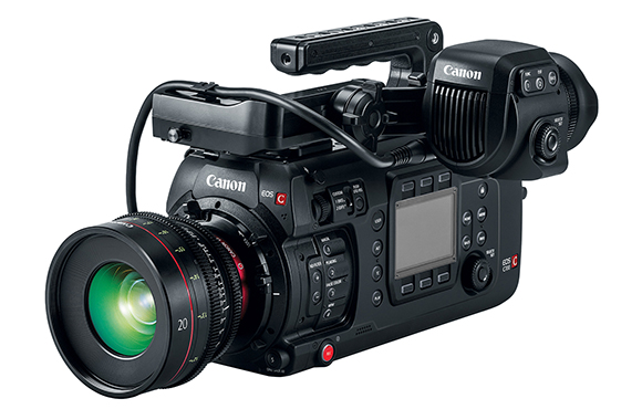 A professional black Canon EOS C cinema camera with a large lens and top handle against a white background.