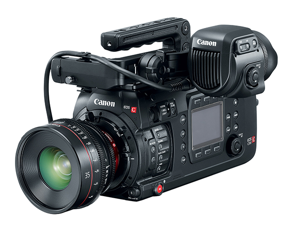 A black Canon EOS C professional cinema camera with a large lens and top handle against a white background.