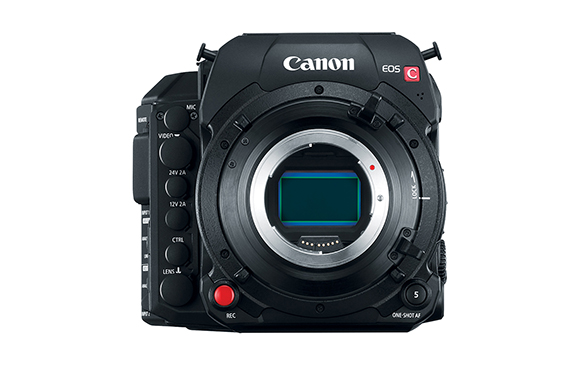 Front view of a black Canon EOS C digital cinema camera body showing the lens mount and sensor.