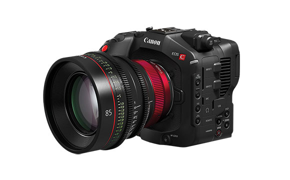 A black Canon EOS C cinema camera with a large 85mm lens attached.