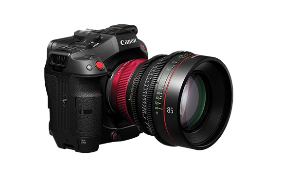 A black Canon DSLR camera body attached to a large professional 85mm prime lens against a white background.
