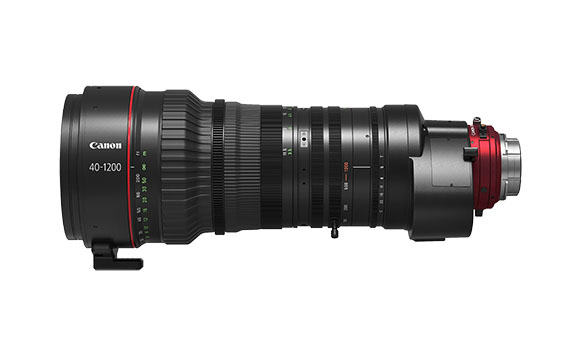 A large black Canon 40-1200mm professional telephoto camera lens against a white background.